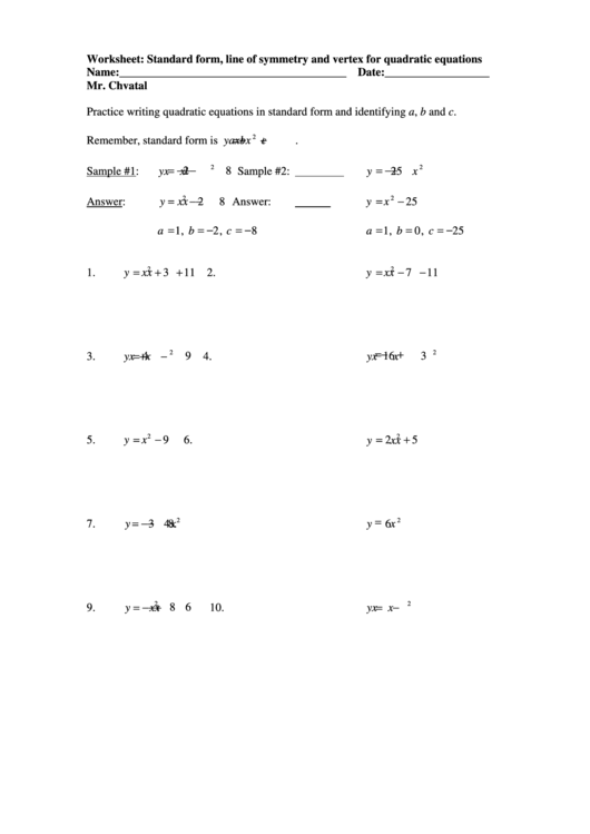Worksheet: Standard Form, Line Of Symmetry And Vertex Printable pdf