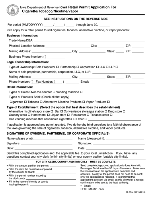 Iowa Retail Permit Application For Cigarette/tobacco/nicotine/vapor Printable pdf