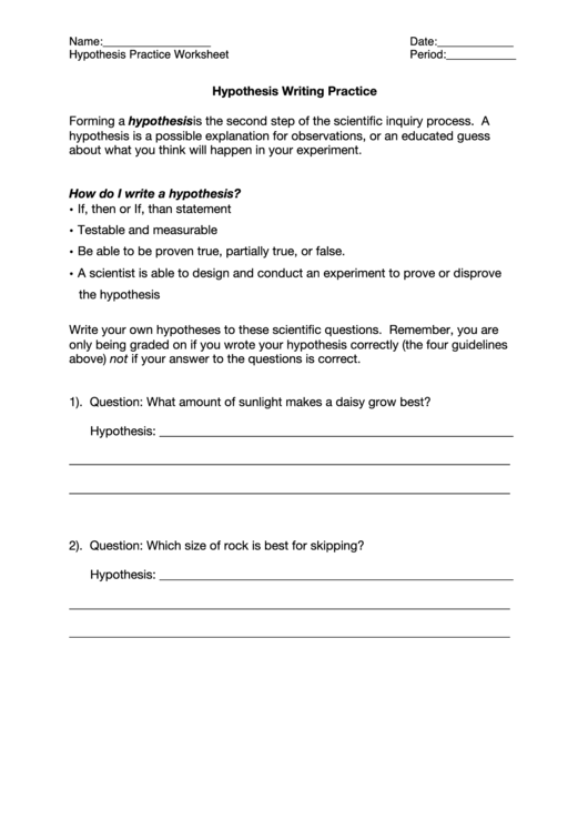 writing a hypothesis practice worksheet