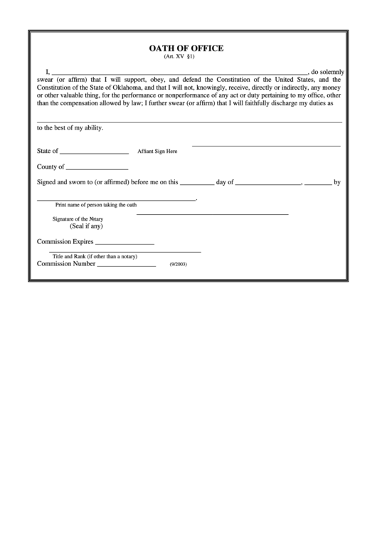 Fillable Oath Of Office Form printable pdf download