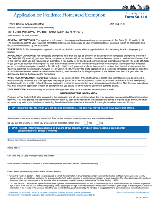Form 50-114 - Application For Residence Homestead Exemption