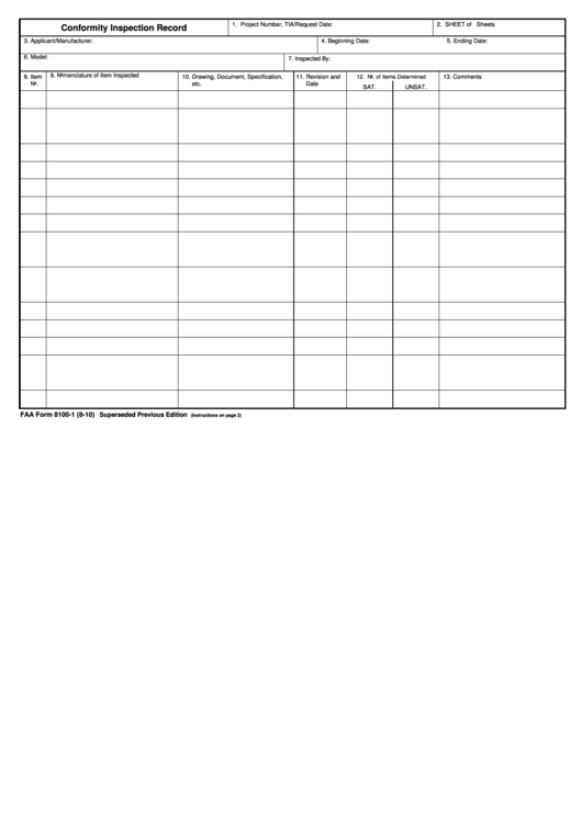 Fillable Faa Form 8100-1, 2010, Conformity Inspection Record - Faa Printable pdf