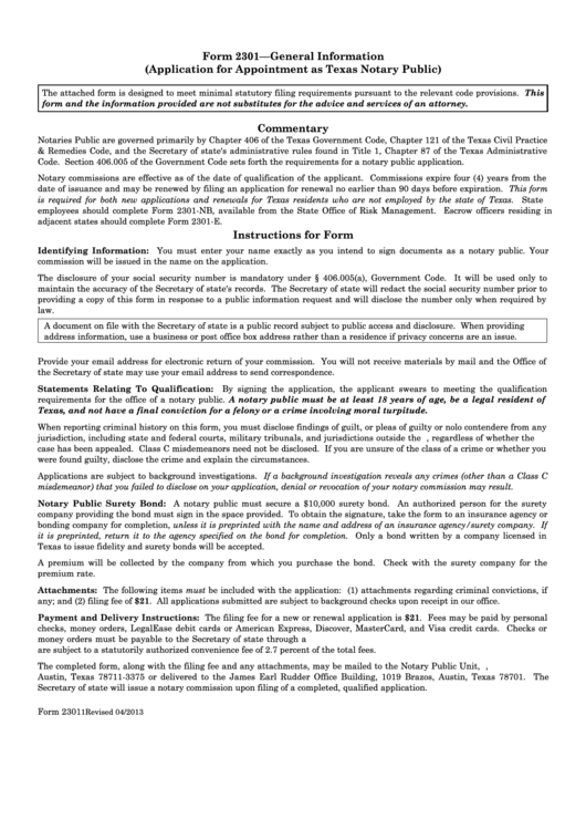 Form 2301 - Application For Appointment As Texas Notary Public Printable pdf