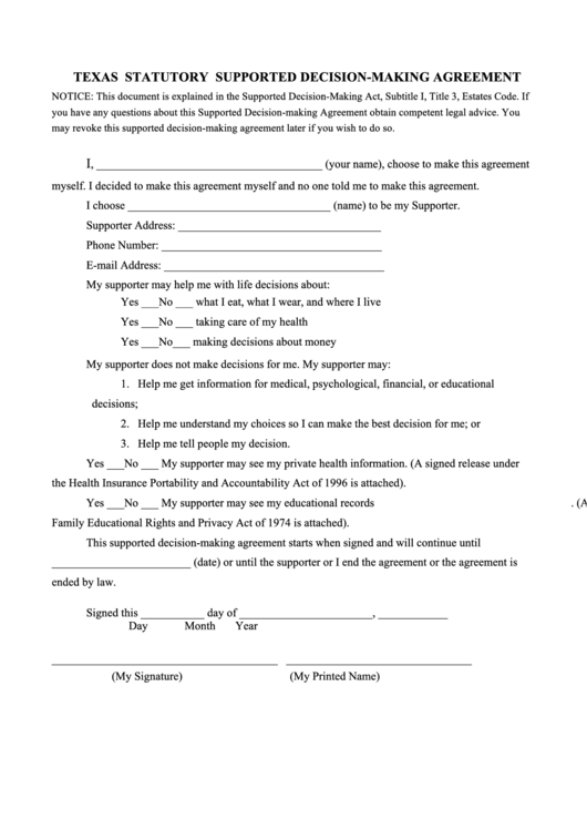 Texas Statutory Supported Decision-Making Agreement Form Printable pdf