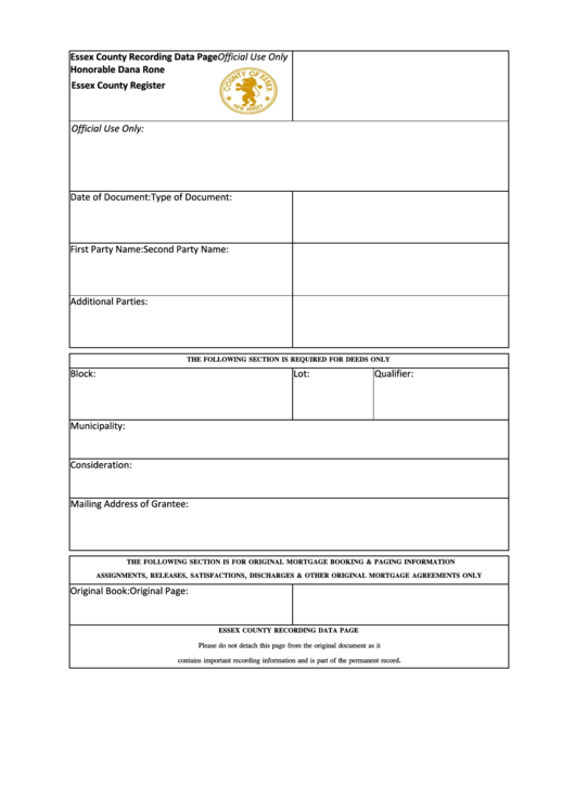 Fillable Essex County Recording Data Page Official Use Only Honorable Dana Rone Printable pdf