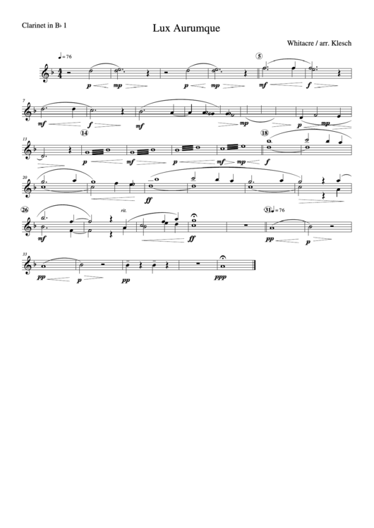 Lux Aurumque - Clarinet In Bb 1 Sheet Music
