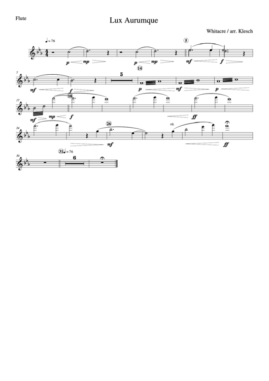 Lux Aurumque - Flute Sheet Music Printable pdf