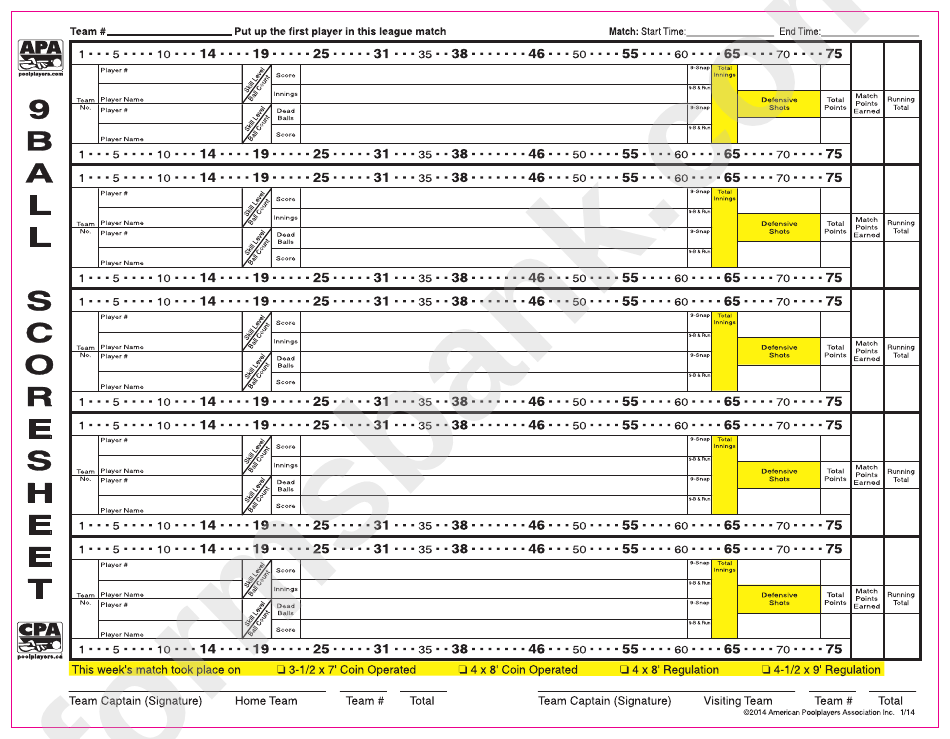 9- Ball Scoresheet - American Poolplayers Association printable pdf