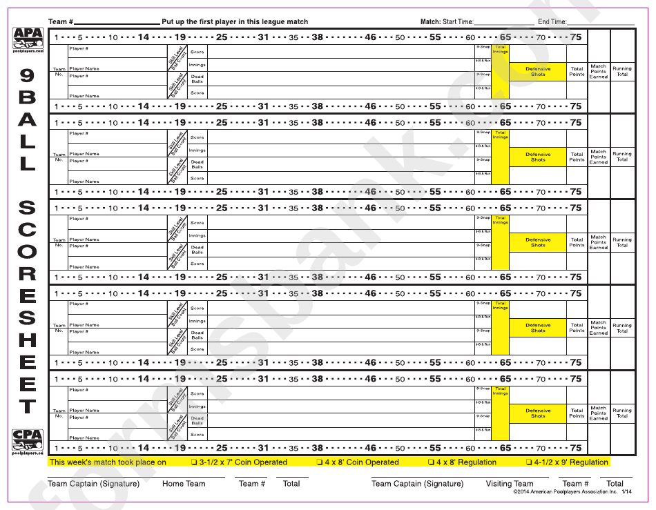 9 Ball Scoresheet American Poolplayers Association Printable Pdf