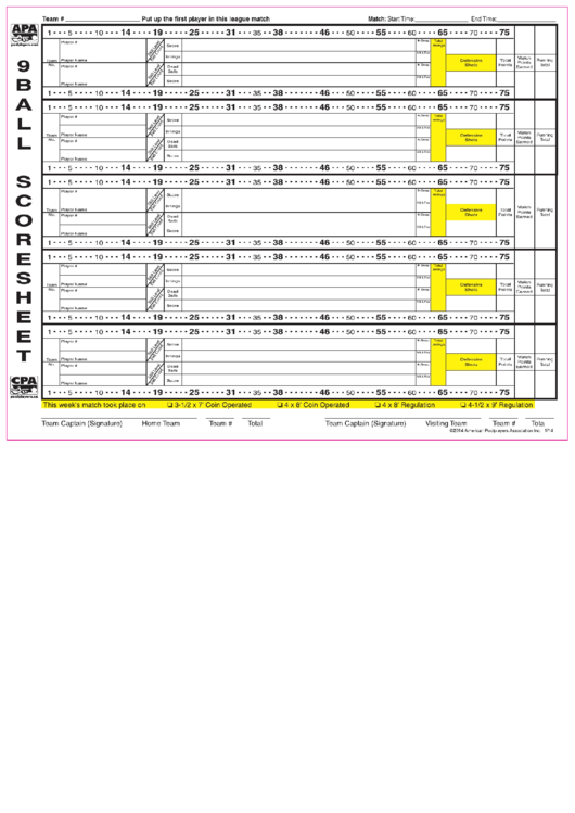 9- Ball Scoresheet - American Poolplayers Association Printable pdf