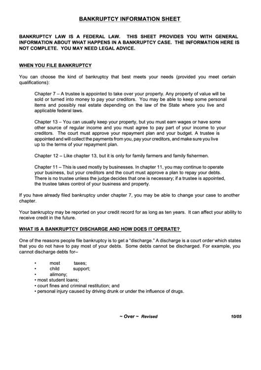 Bankruptcy Information Sheet