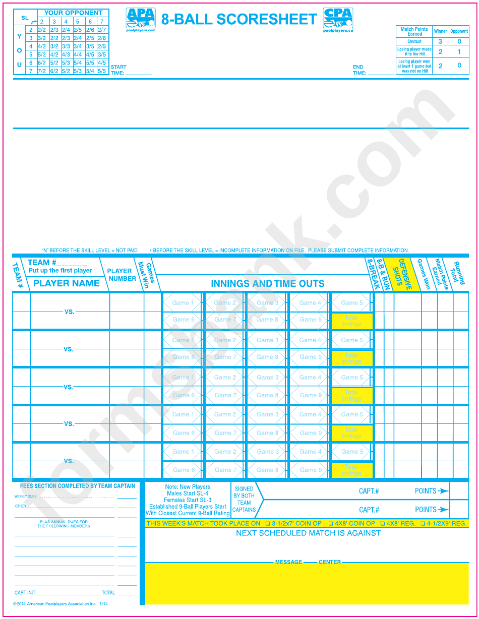 8-Ball Scoresheet - American Poolplayers Association 