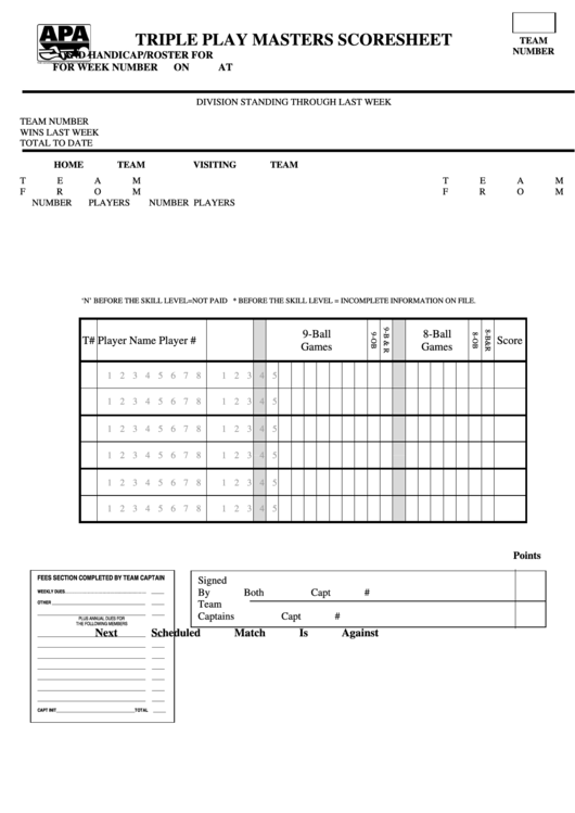 Triple Play Masters Scoresheet Printable pdf