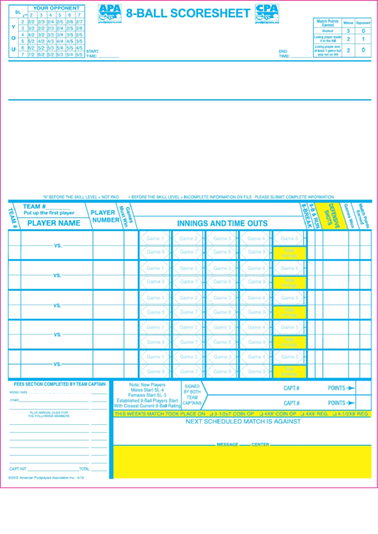 8 Ball Scoresheet Apa-Cpa Printable pdf