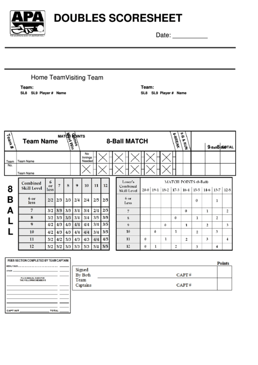 Doubles Scoresheet - Apa Printable pdf
