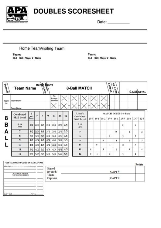 Doubles Scoresheet Apa Printable Pdf Download