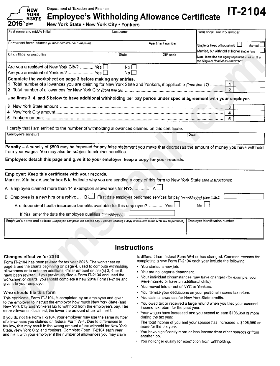 Form It2104 Employee'S Withholding Allowance Certificate 2016 printable pdf download