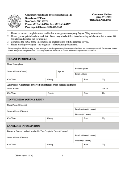 Fillable Tenant Harassment Complaint Form Printable pdf