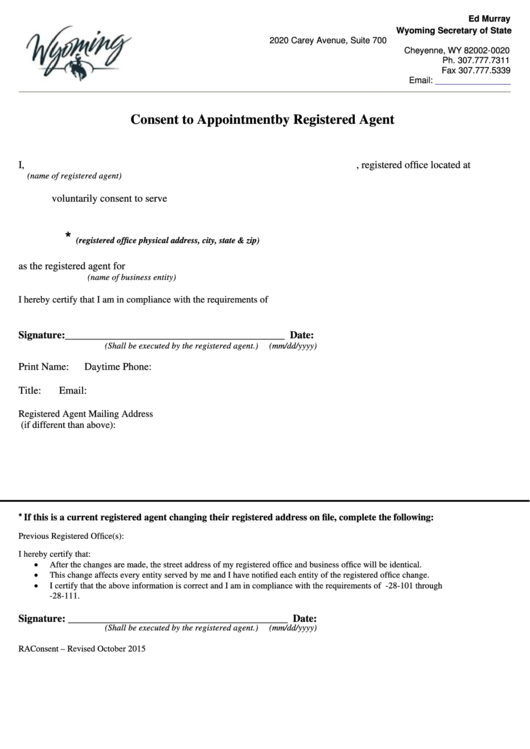 Fillable Consent To Appointment By Registered Agent - Wyoming Secretary Of State Printable pdf
