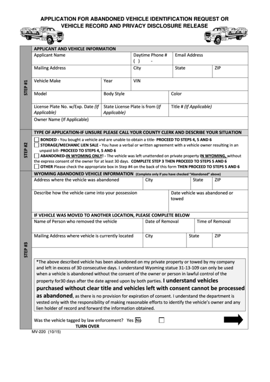 Fillable Form Mv-220 - Application For Abandoned Vehicle Identification Request Or Vehicle Record And Privacy Disclosure Release Printable pdf