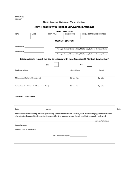 Fillable Form Mvr-620 - Joint Tenants With Right Of Survivorship Affidavit - 2017 Printable pdf