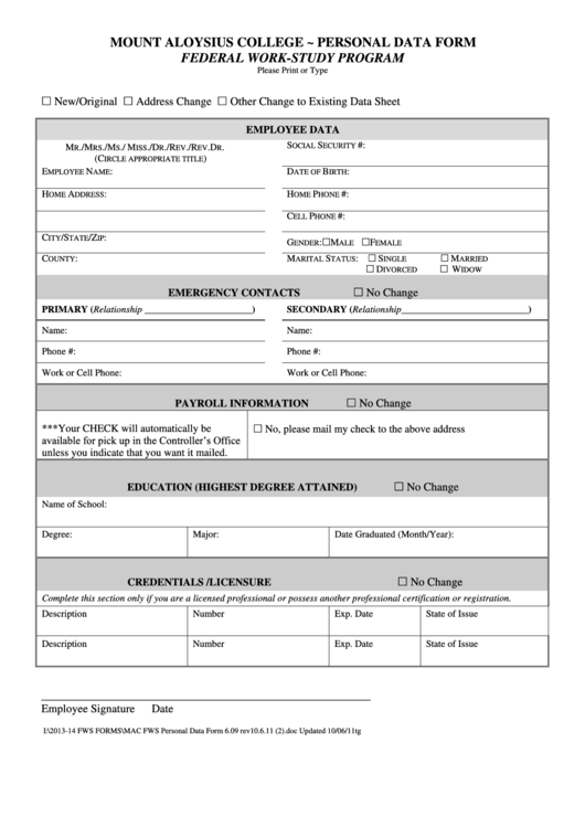 New Employee Personal Data Form Printable pdf