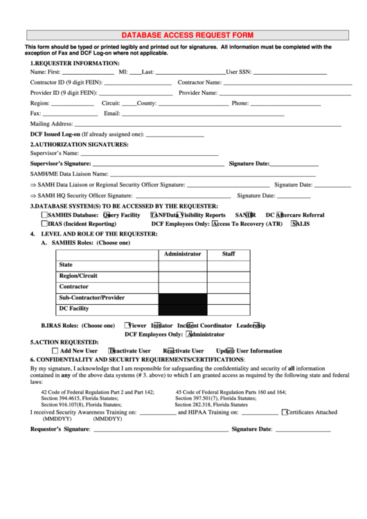 Fillable Dcf Database Access Request Form Printable pdf