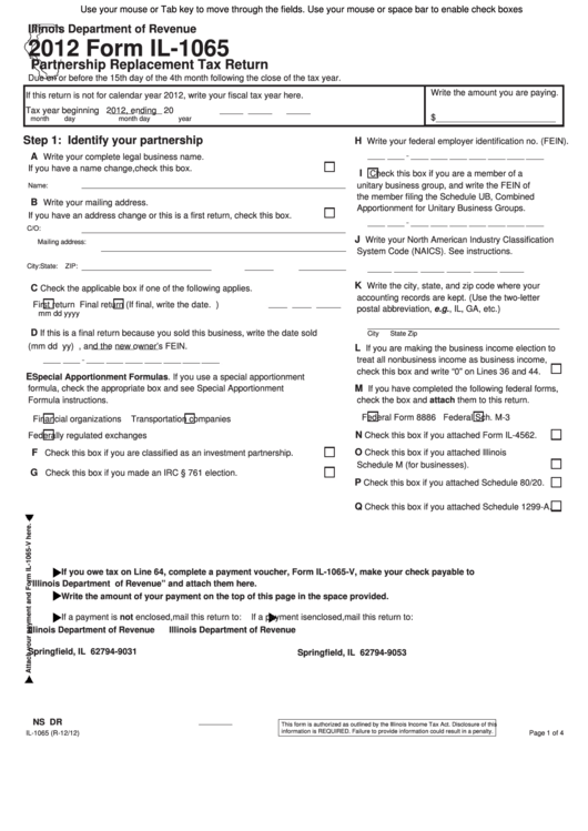Fillable Form Il-1065, Partnership Replacement Tax Return - 2012 Printable pdf