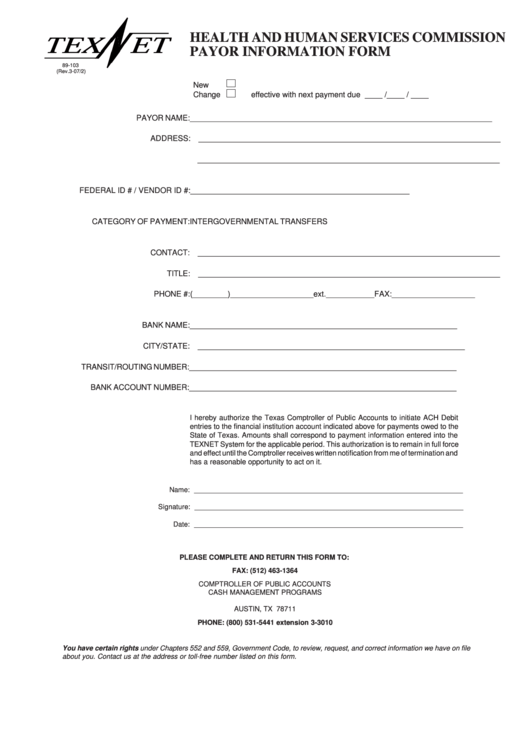 Fillable Payor Information Form Printable pdf