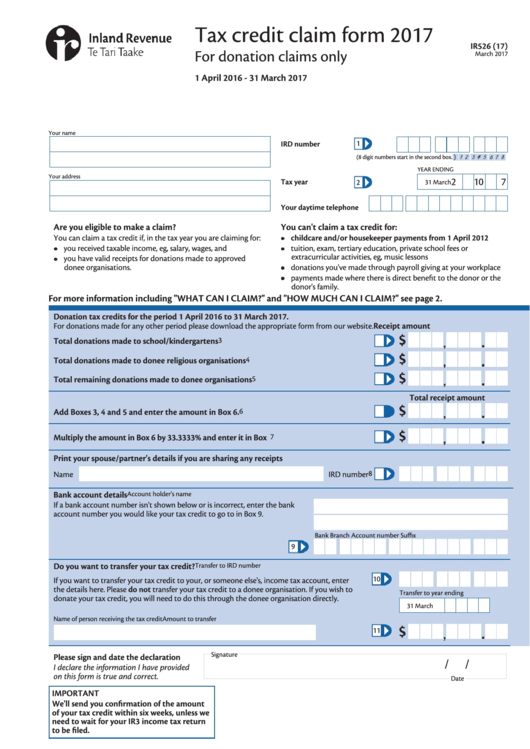 Fillable Form Ir526 - Tax Credit Claim Form - 2017 Printable pdf