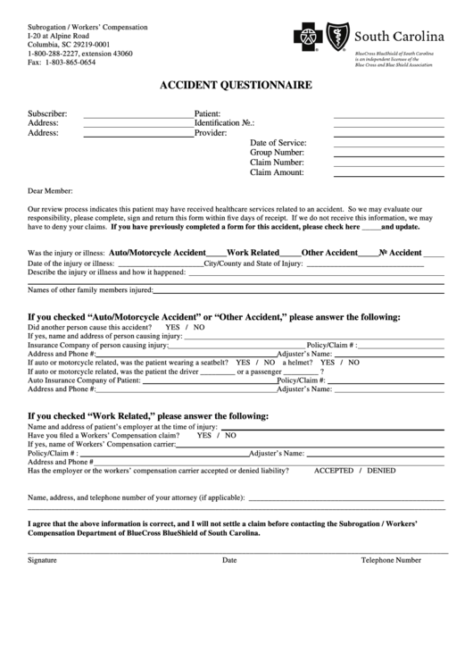 Accident Questionnaire Form Printable pdf