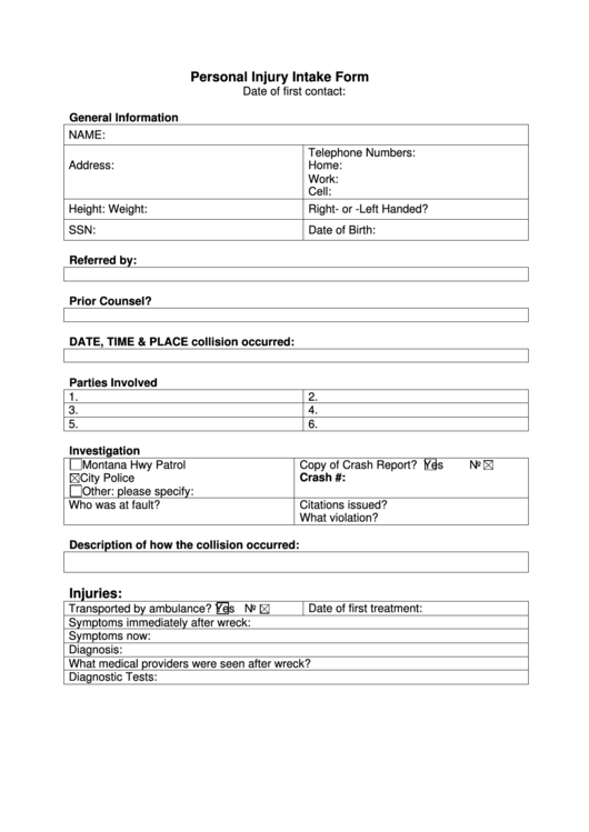 Personal Injury Intake Form Printable pdf