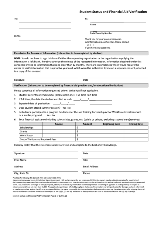 Student Status Financial Aid Verification Form Printable pdf