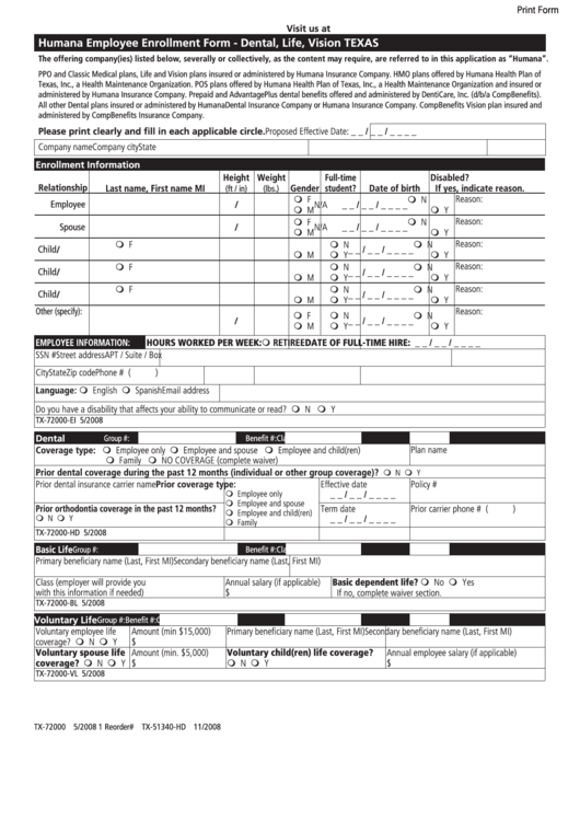 Fillable Form Tx-72000 - Humana Employee Enrollment Form - Dental, Life, Vision - 2008 Printable pdf