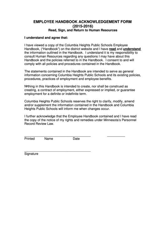 Employee Handbook Acknowledgement Form