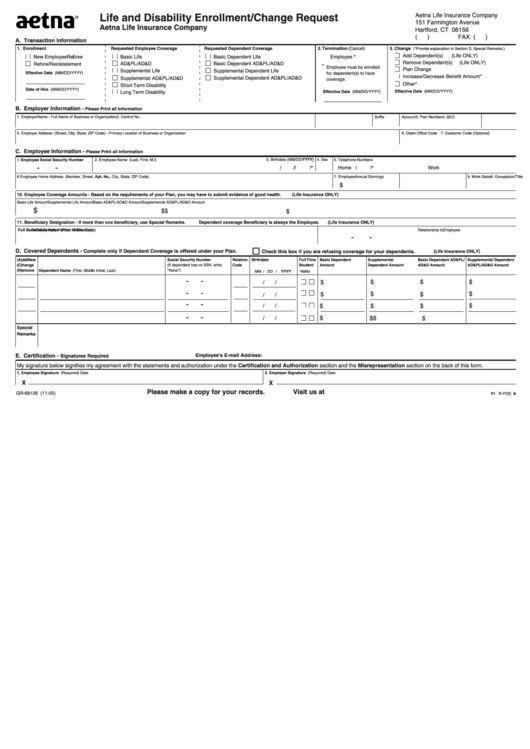 Fillable Form Gr-68126 - Life And Disability Enrollment/change Request Printable pdf