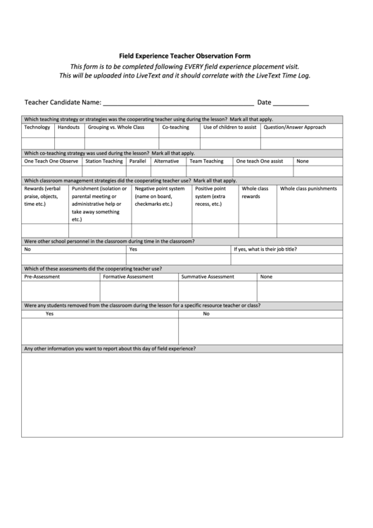 Field Experience Teacher Observation Form Printable pdf