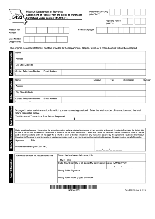 Fillable Form 5433 - Assignment Of Rights From The Seller To Purchaser For Refund Printable pdf