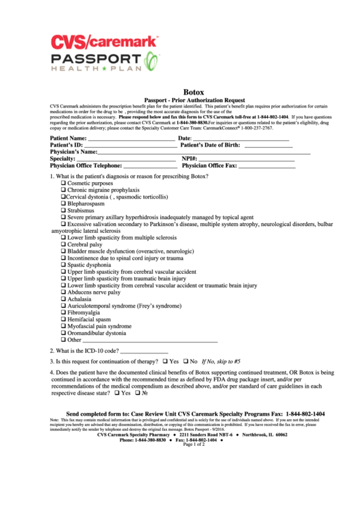 Botox Passport - Prior Authorization Request Form Printable pdf