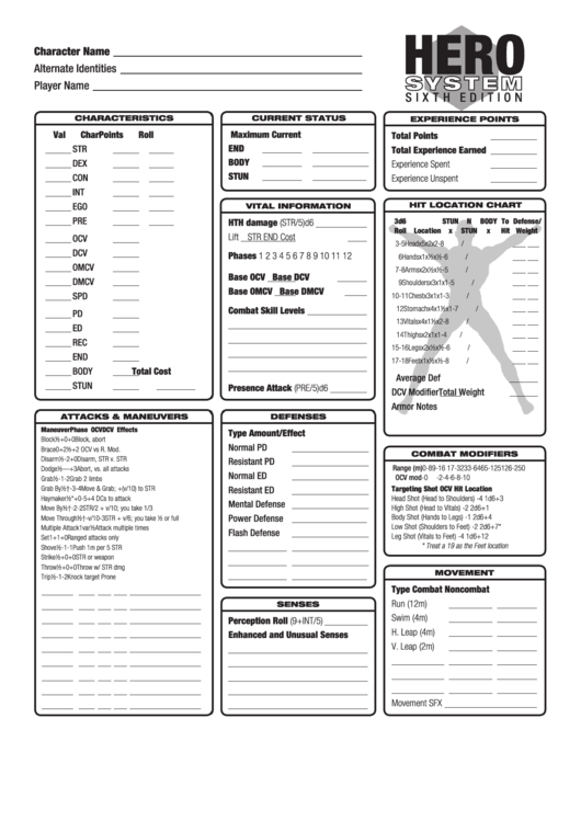 Hero System Sixth Edition Character Sheet Printable Pdf Download