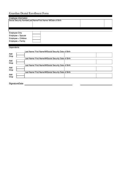 Fillable Guardian Dental Enrollment Form Printable pdf