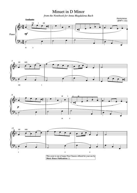 Bach Minuet In D Minor (From The Notebook For Anna Magdalena Bach) Printable pdf