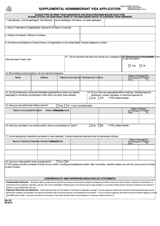 Fillable Form Ds-157, 2010, Supplemental Nonimmigrant Visa Application Printable pdf