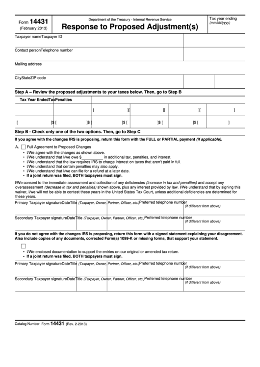 Fillable Form 14431, 2013, Response To Proposed Adjustment(S) - Printable pdf