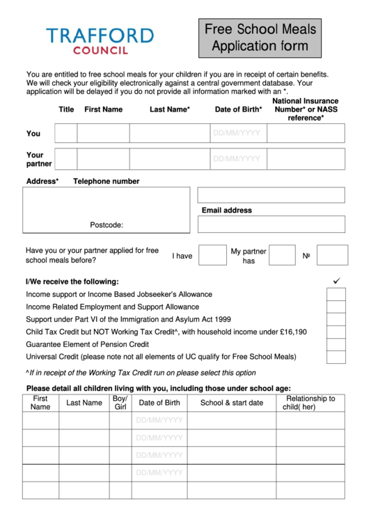 Trafford Council School Meals Application Form