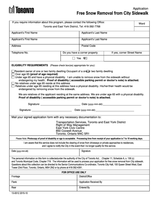 Snow Removal From City Sidewalk Application Form - Toronto And East York District Printable pdf