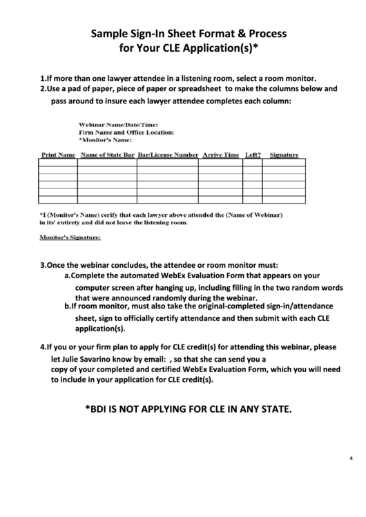 Sample Sign-In Sheet Format & Process For Cle Applications Printable pdf