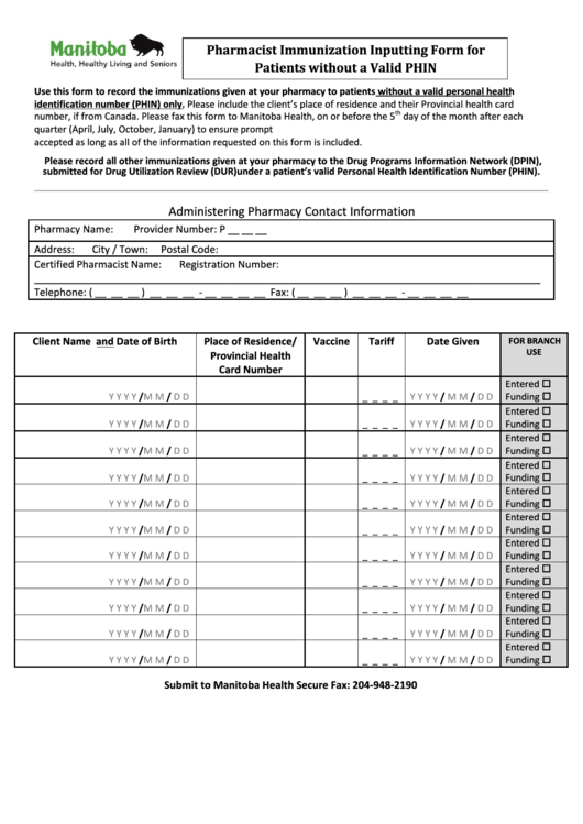 Pharmacist Immunization Inputting Form For Patients Without A Valid Phin Printable pdf