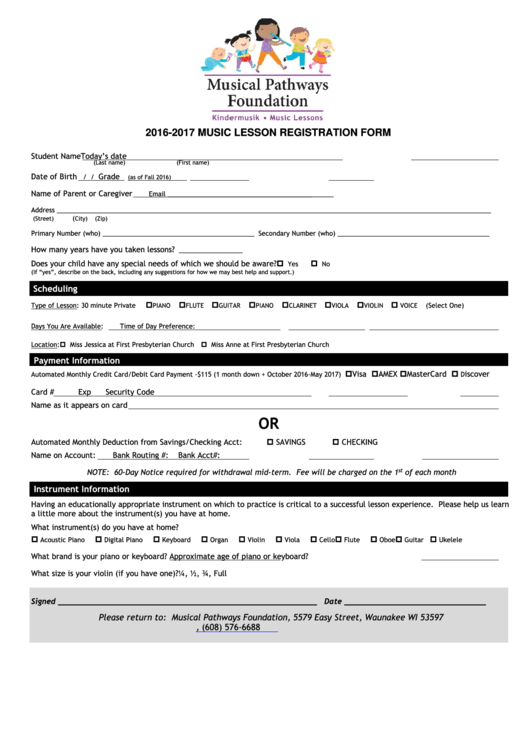 Music Lesson Registration Form Printable pdf