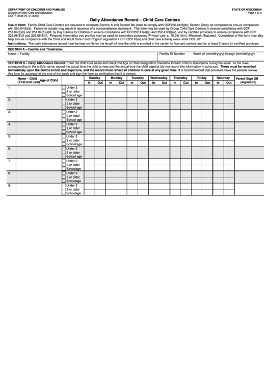 Dcf-F-2438 - Daily Attendance Record - Child Care Centers Printable pdf